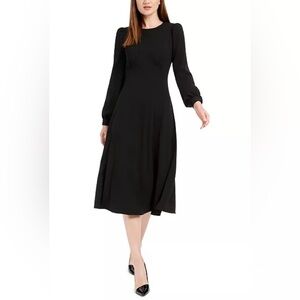 NWT Calvin Klein Scuba Crepe Midi A-Line Dress Puckered 3/4 Sleeves Black Size 2